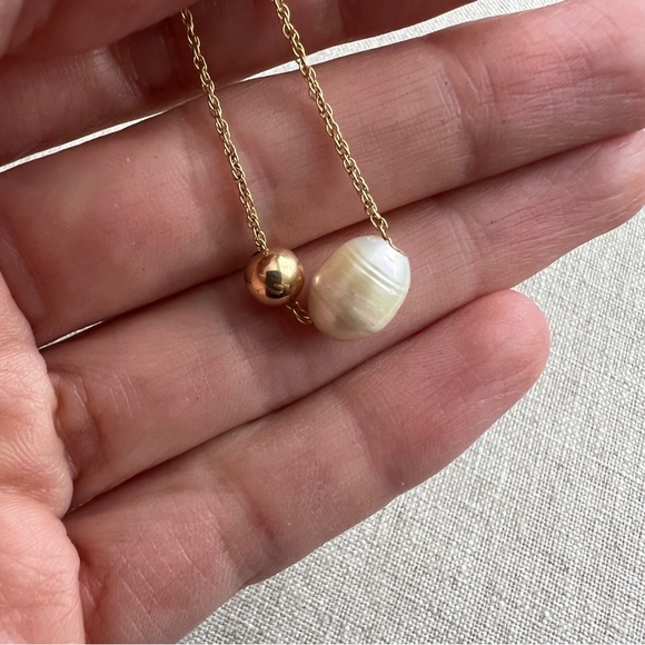 14K GF Freshwater pearl gold bead necklace 18” chain modern wabi sabi dainty - Picture 7 of 8